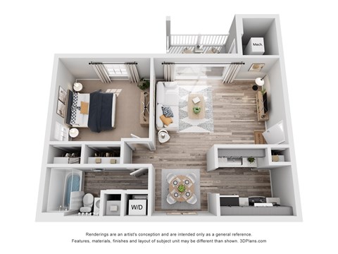 Floor plan for 1 bed, 1 bath, 687 sqft